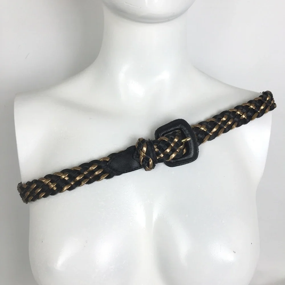 Vintage 80’s Woven Leather Belt Black And Gold Retro Braided Women’s Size M